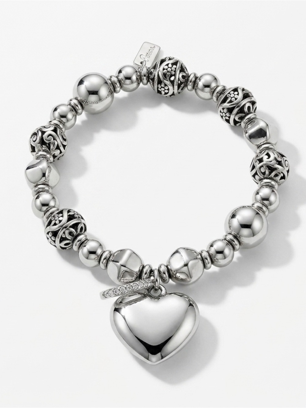 Silver Tone Heart Charm Beaded Bracelet